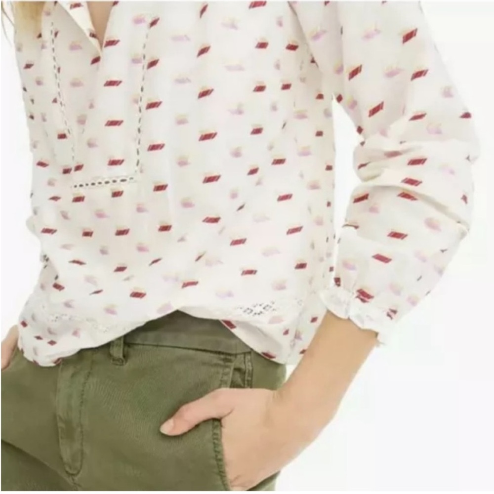 🕶️J.Crew Point Sur Metallic Embroidered Arrow Popover Blouse M pink/red/gold - Picture 2 of 9